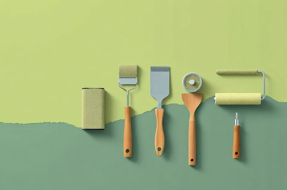 Outils de peinture disposés dans l'ordre des étapes du chantier