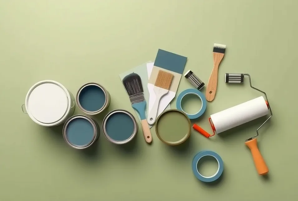 Pots de peinture, nuancier, brosses et rouleaux disposés à plat
