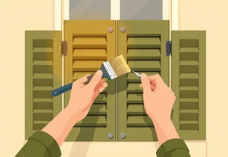 Mise en peinture au pinceau de volets et d'encadrements en bois