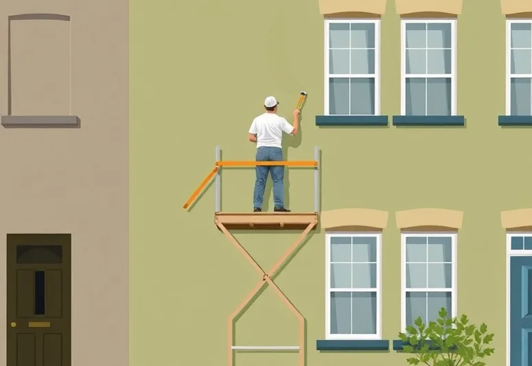 Peintre sur échafaudage traitant la façade d'une maison