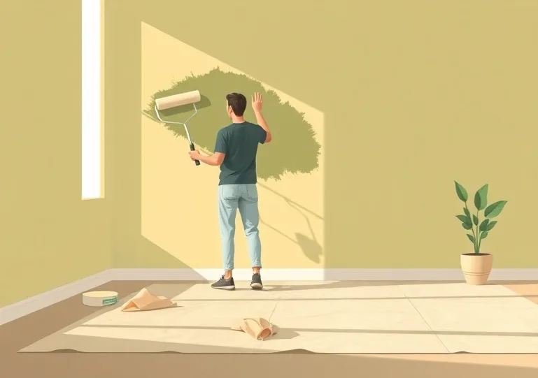 Peintre appliquant la peinture au rouleau sur un mur de salon